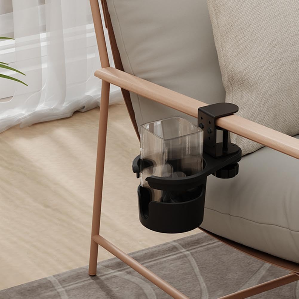 Black adjustable cup holder for chair armrest, holding clear glass, modern home accessory
