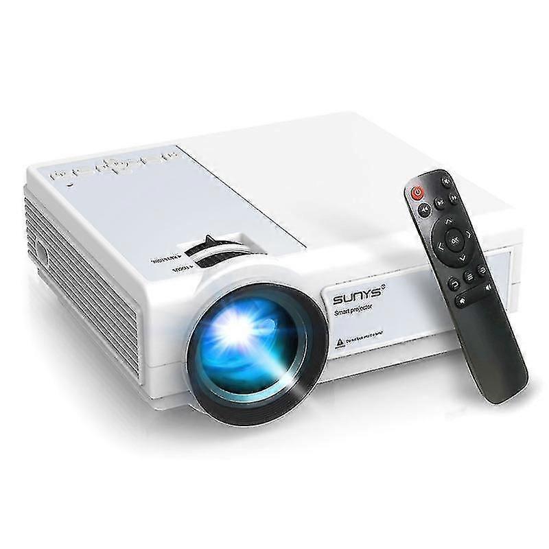 White SUNYS smart projector with remote, bright blue lens, compact home theater device