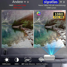Staratlas 1080p FHD projector with 12000 lumens, wireless, 200" screen, vivid lake scene comparison