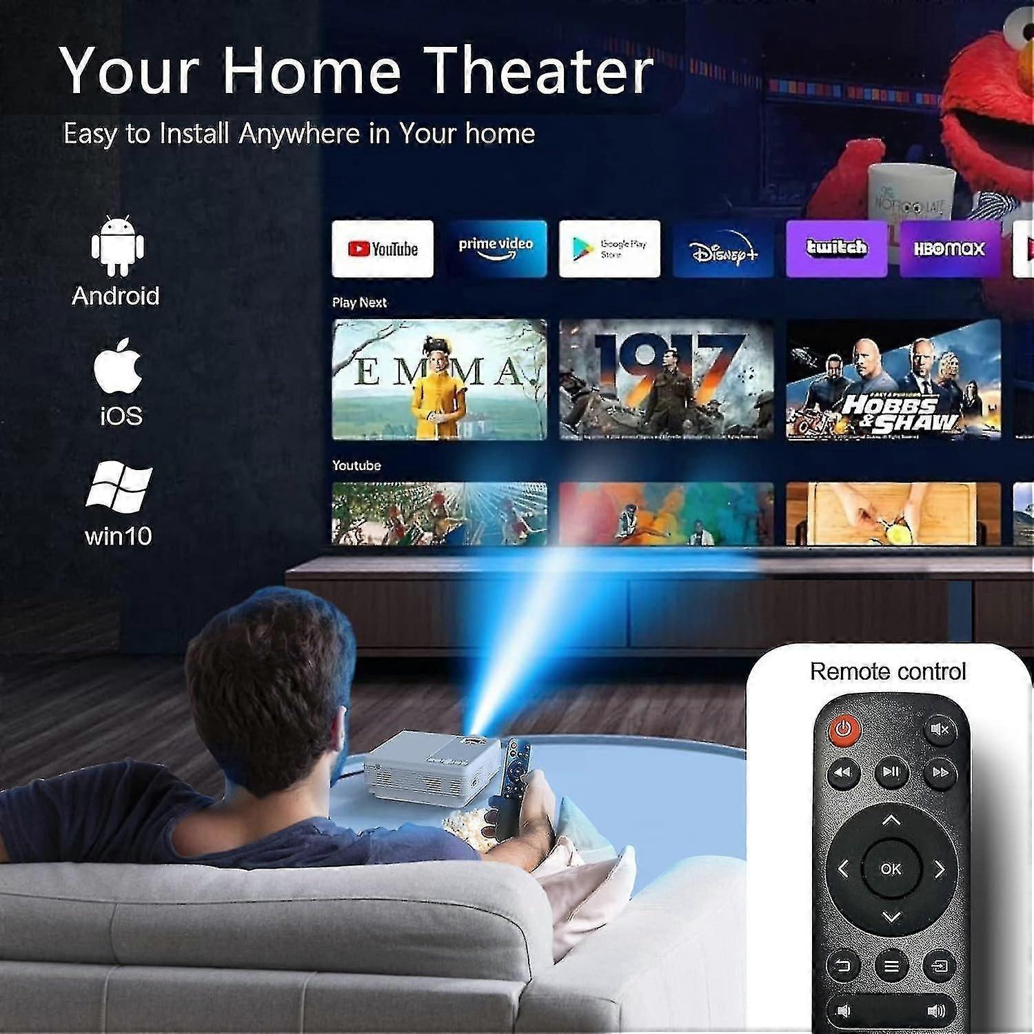 Home theater projector with remote, streaming apps, Android/iOS/Win10 compatible, easy setup for movies & shows