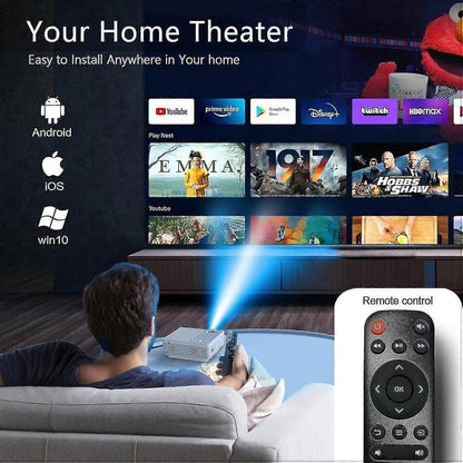 Home theater projector with remote, streaming apps, Android/iOS/Win10 compatible, easy setup for movies & shows