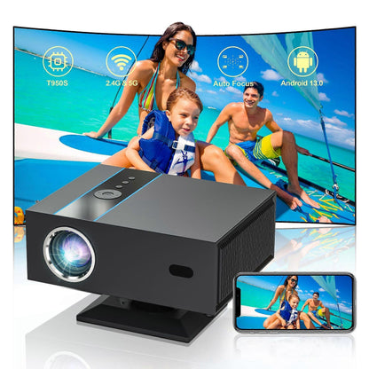 Smart projector with T950S chip, 2.4G/5G WiFi, auto focus, Android 13, streaming family movies on big screen