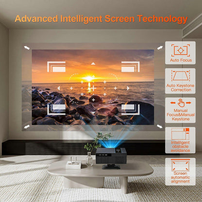 Smart projector with auto focus, keystone correction & obstacle avoidance for home cinema