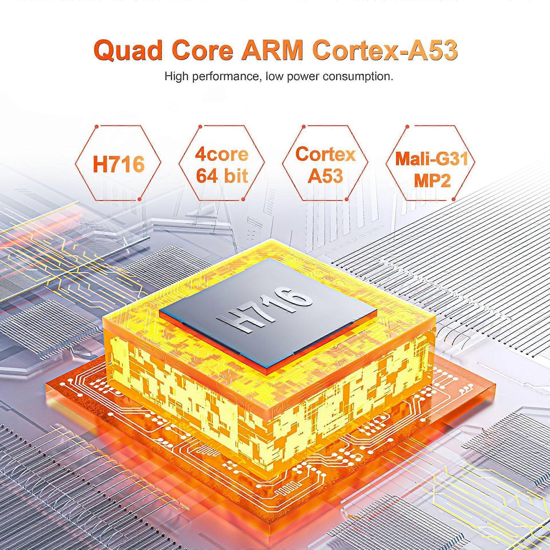 Quad Core ARM Cortex-A53 H716 chip with 64-bit performance and Mali-G31 MP2 graphics