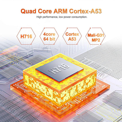 Quad Core ARM Cortex-A53 H716 chip with 64-bit performance and Mali-G31 MP2 graphics