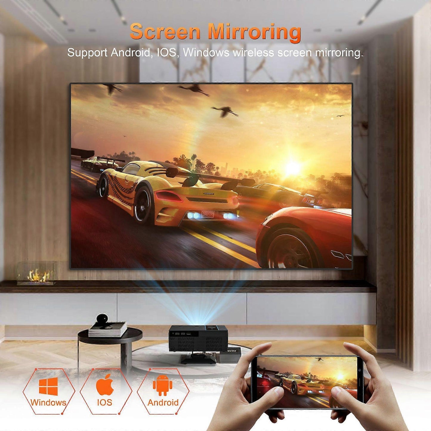 Wireless screen mirroring projector displaying racing game on big screen from phone, supports Android, iOS, Windows
