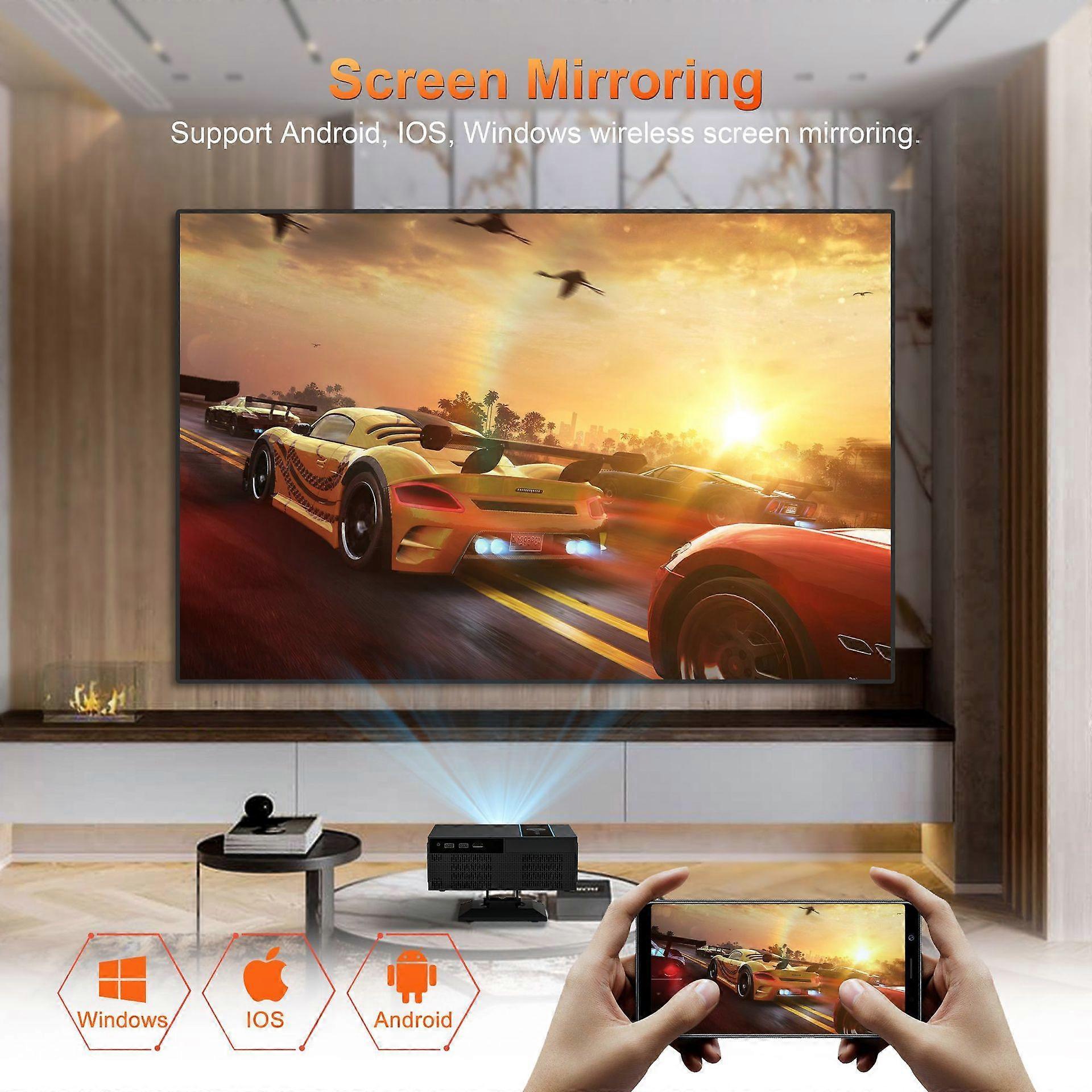 Wireless screen mirroring projector displaying racing game on big screen from phone, supports Android, iOS, Windows