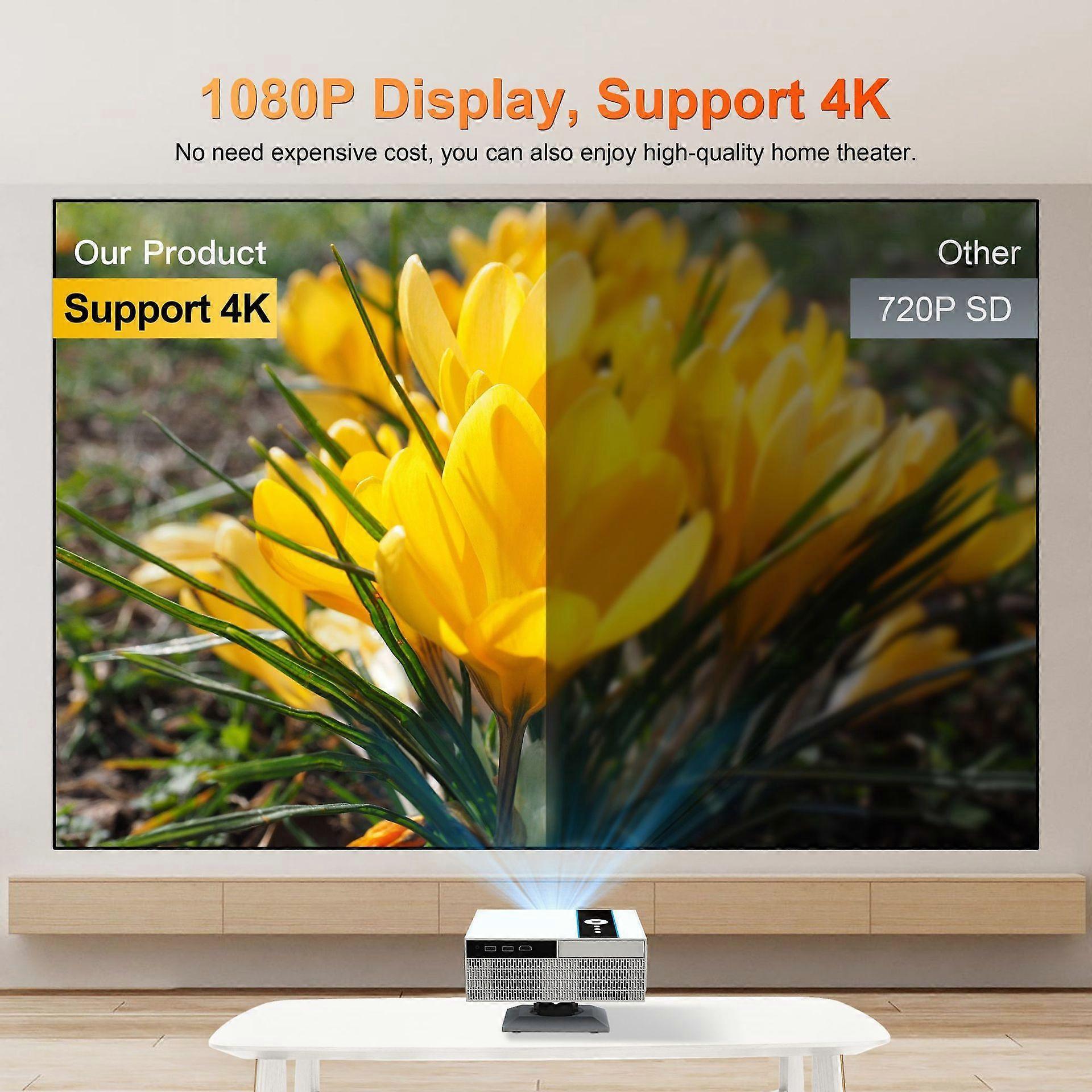 4K projector displaying vibrant yellow flowers, comparing 1080P vs 720P resolution for home theater use