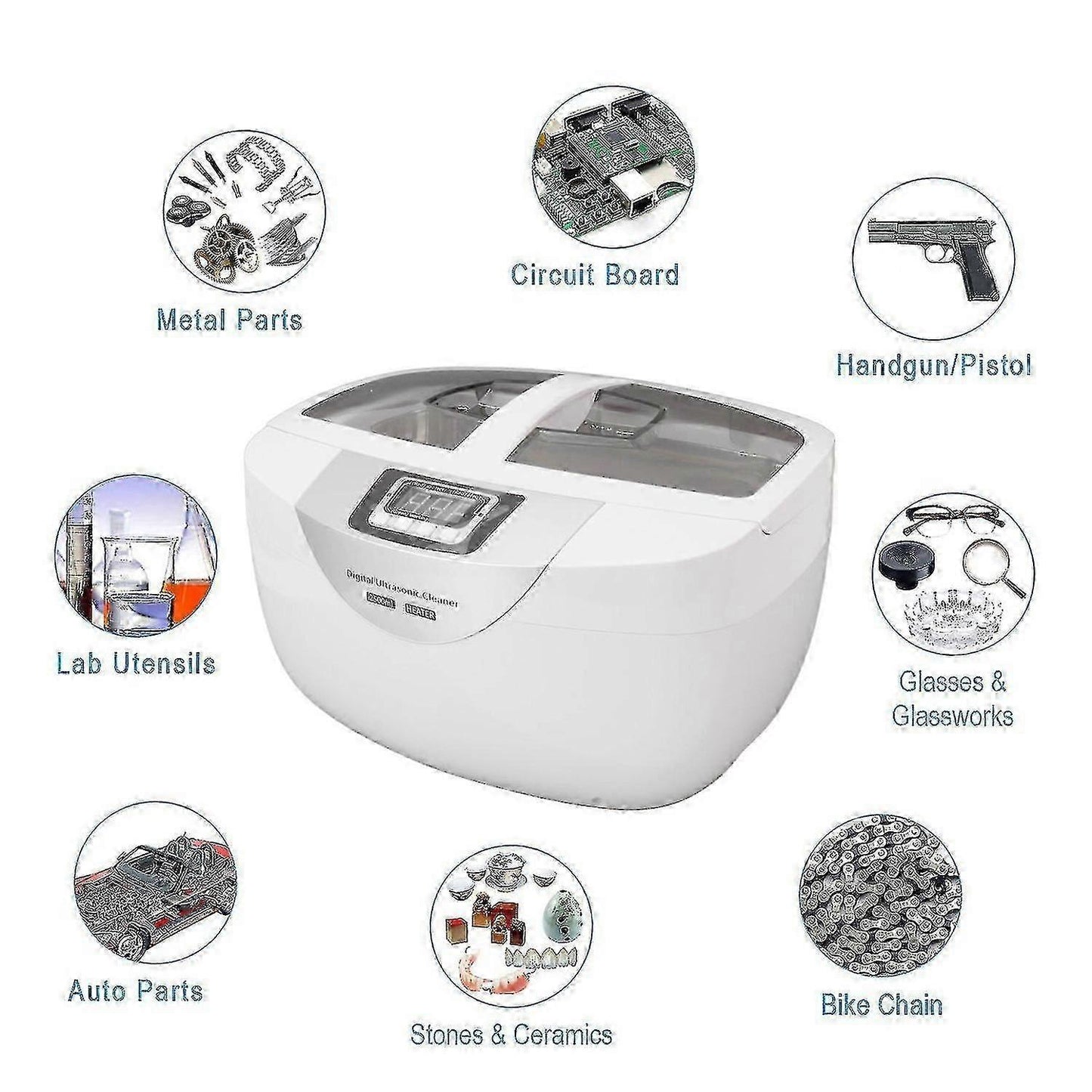 Digital ultrasonic cleaner for metal parts, circuit boards, lab tools, glasses, auto parts, stones, and bike chains