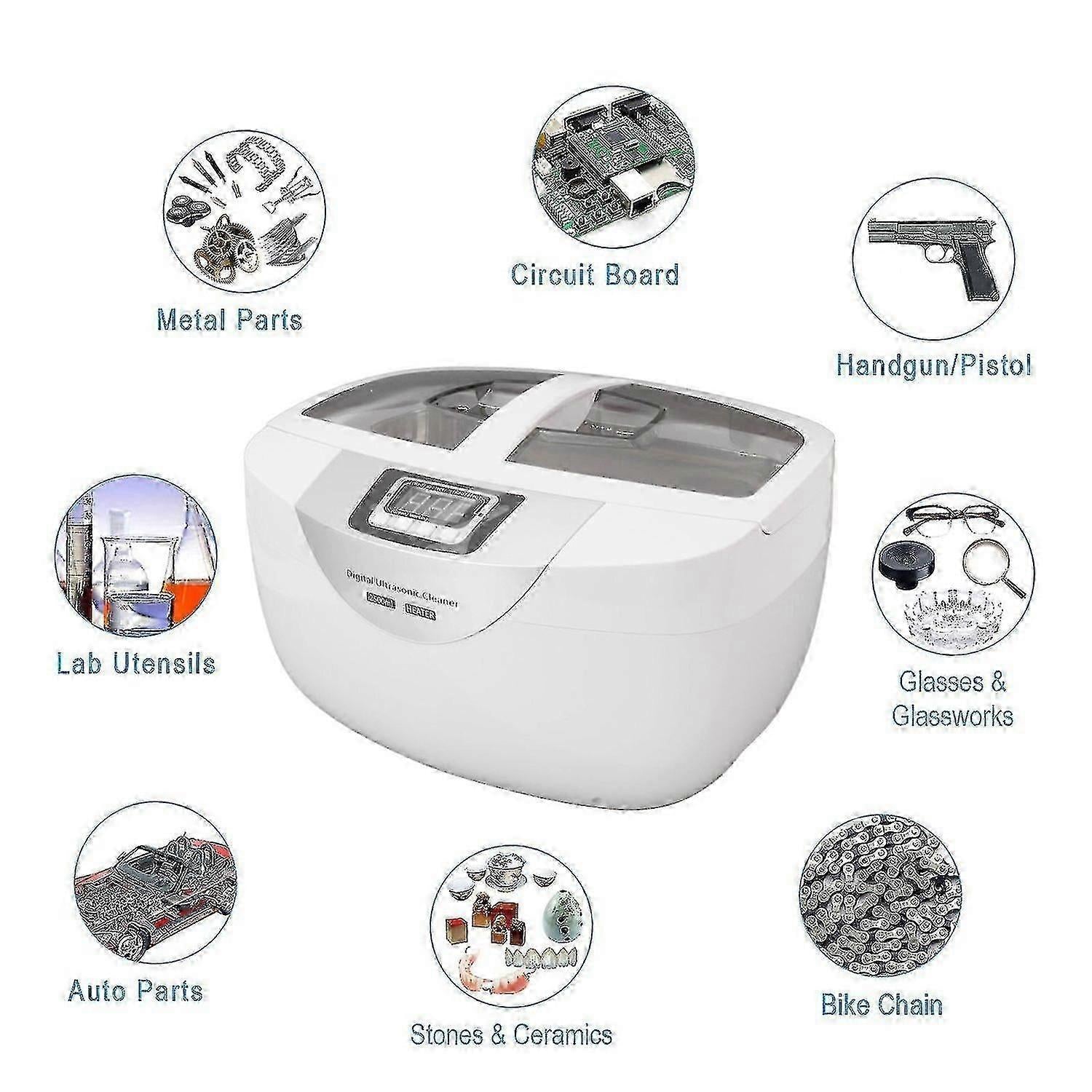 Digital ultrasonic cleaner for metal parts, circuit boards, lab tools, glasses, auto parts, stones, and bike chains