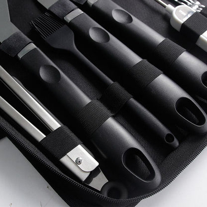 Complete Multi-Functional BBQ Tool Set, 31-Piece Deluxe BBQ Tool Set, Food-Grade Stainless Steel BBQ Tools with Wood-Grain Handles—Ideal for Home and Outdoor BBQs, Includes Portable Camping Storage Bag—Black