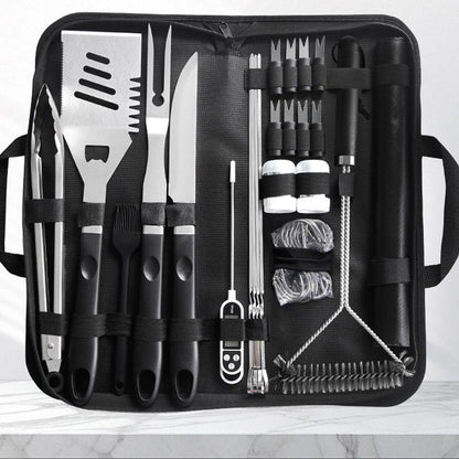 Complete Multi-Functional BBQ Tool Set, 31-Piece Deluxe BBQ Tool Set, Food-Grade Stainless Steel BBQ Tools with Wood-Grain Handles—Ideal for Home and Outdoor BBQs, Includes Portable Camping Storage Bag—Black