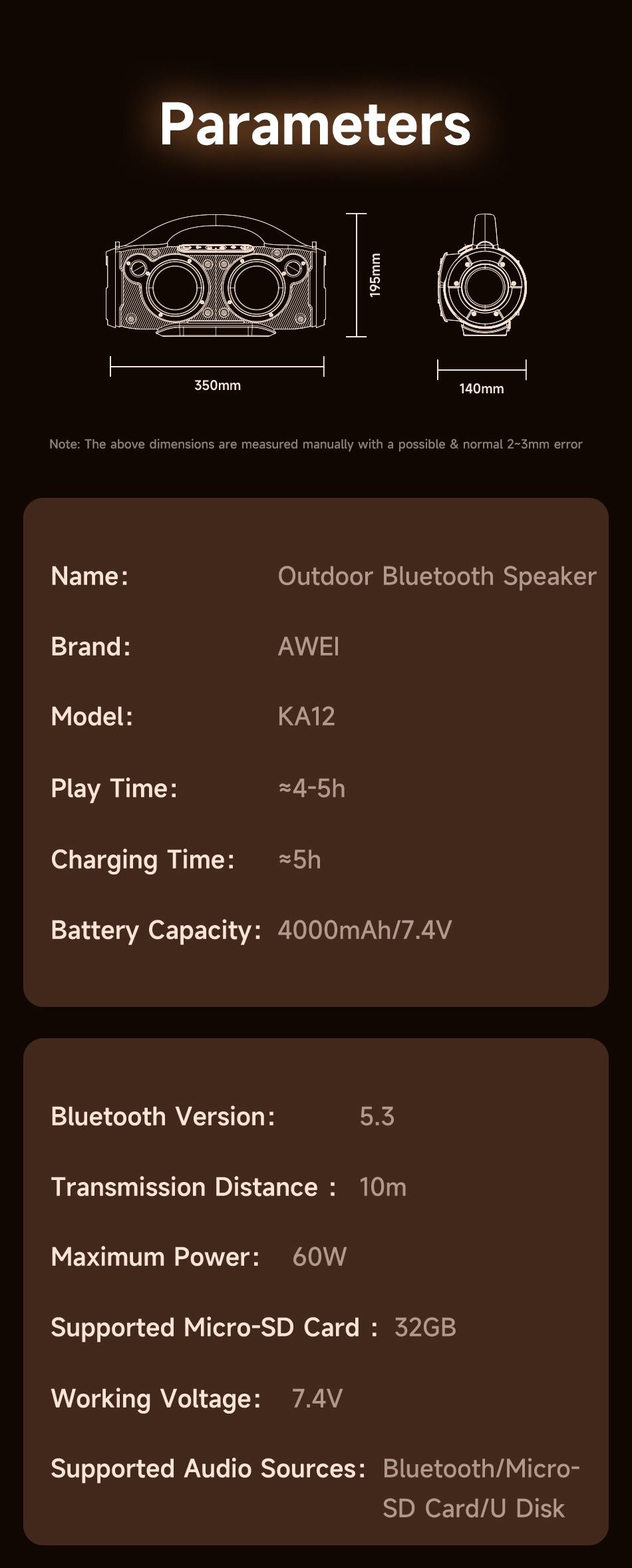AWEI KA12 60W Outdoor Bluetooth Speaker with RGB Lights Black