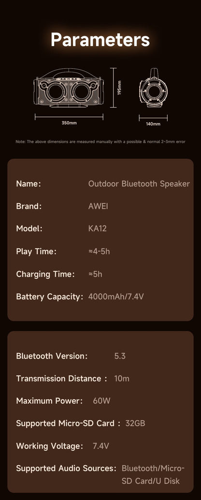 AWEI KA12 60W Outdoor Bluetooth Speaker with RGB Lights Black