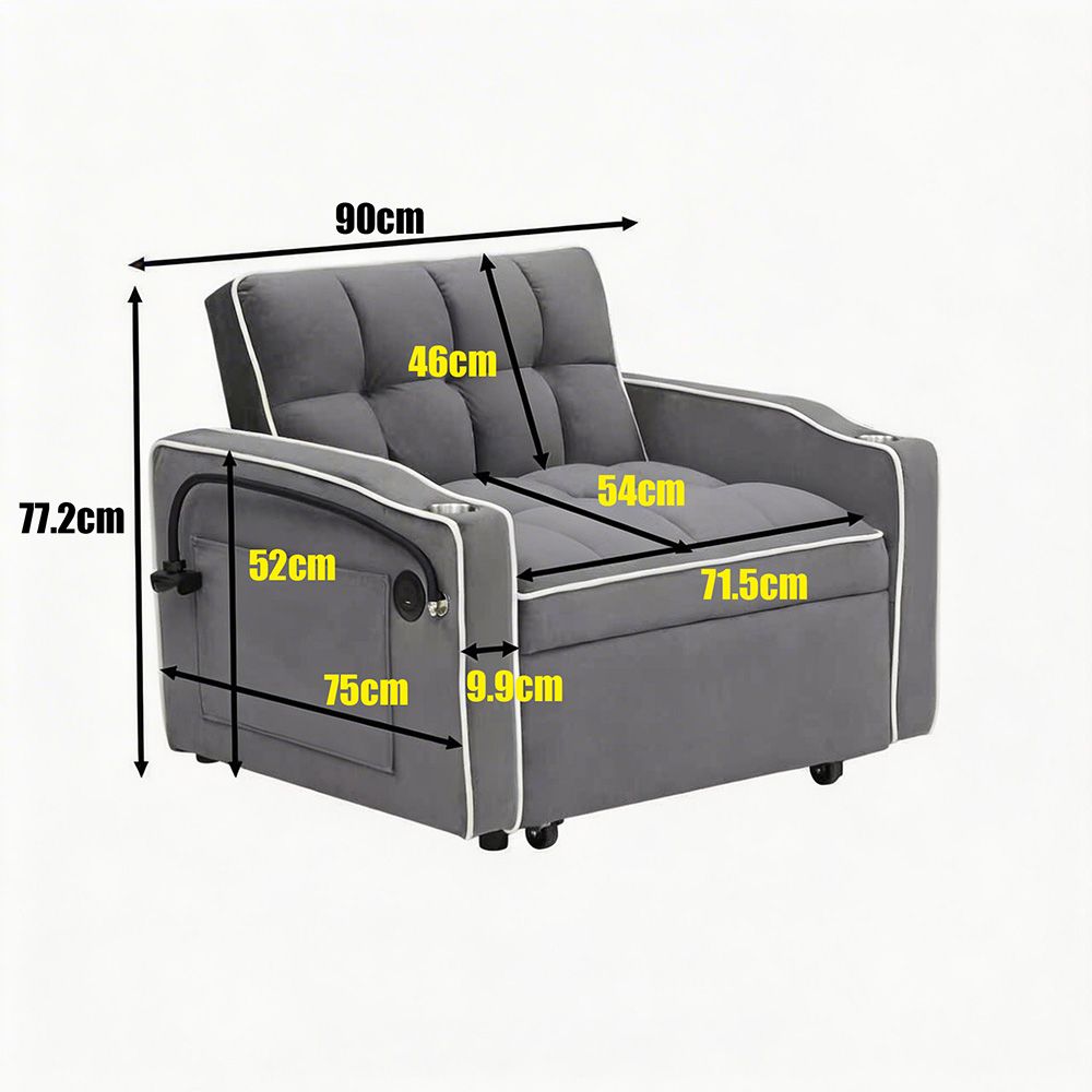 Single Seater Sofa Bed with USB Port & Phone Holder | Black