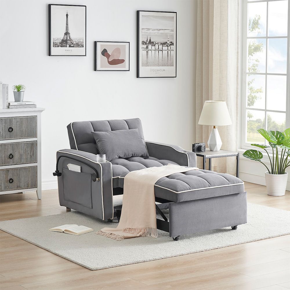 Single Seater Sofa Bed with USB Port & Phone Holder | Grey