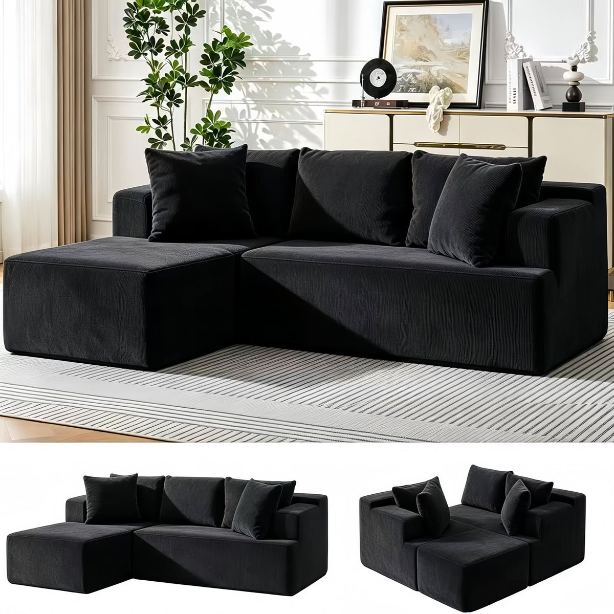 Black modular 3 seater L-shaped boneless sofa bed with deep seats