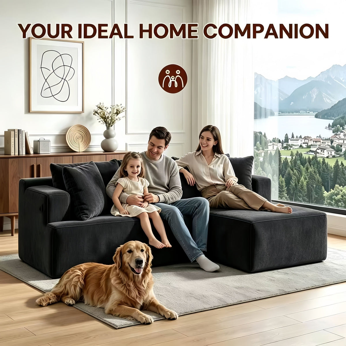 Three piece black modular couch arranged as an L-shaped sectional