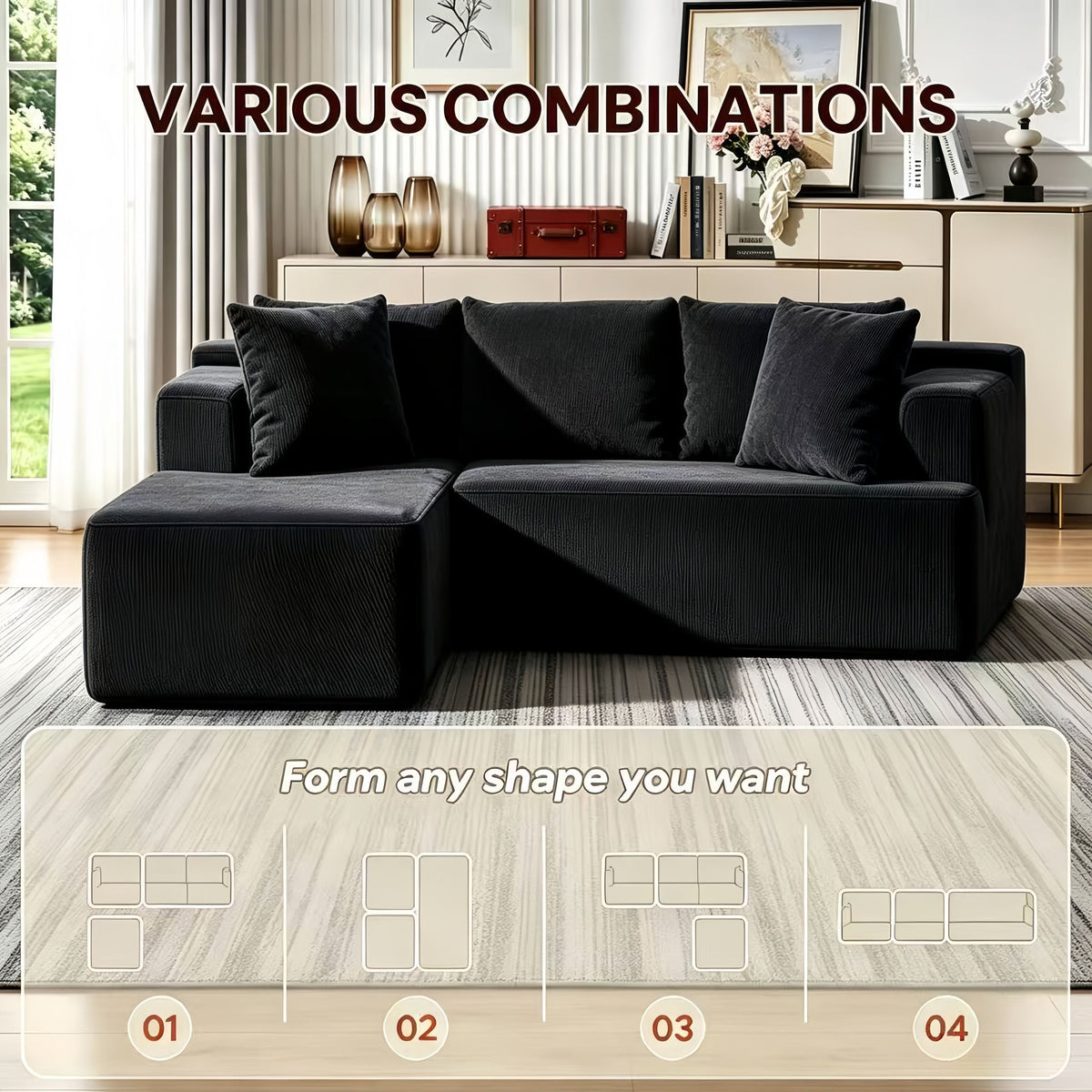 Black modular couch with a side storage pocket and wide armrests