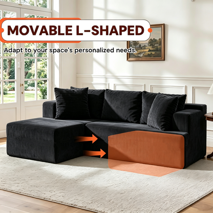 Black boneless modular couch laid flat as a sofa bed
