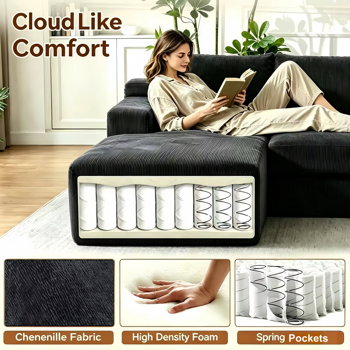 Tightly woven black upholstery on a pet friendly modular couch