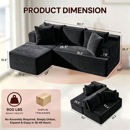 Black 3 seater modular sectional with deep seats and a supportive backrest