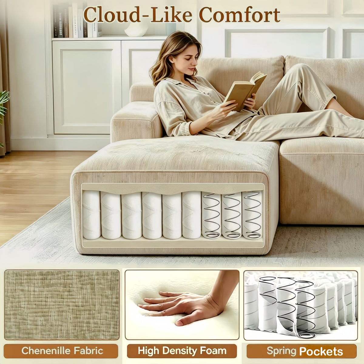 Khaki modular couch with a side storage pocket and wide armrests