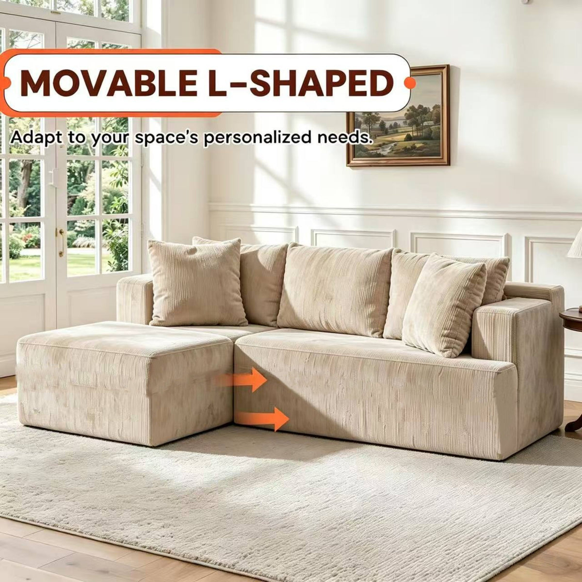 Khaki modular sofa pieces pushed together into a straight couch