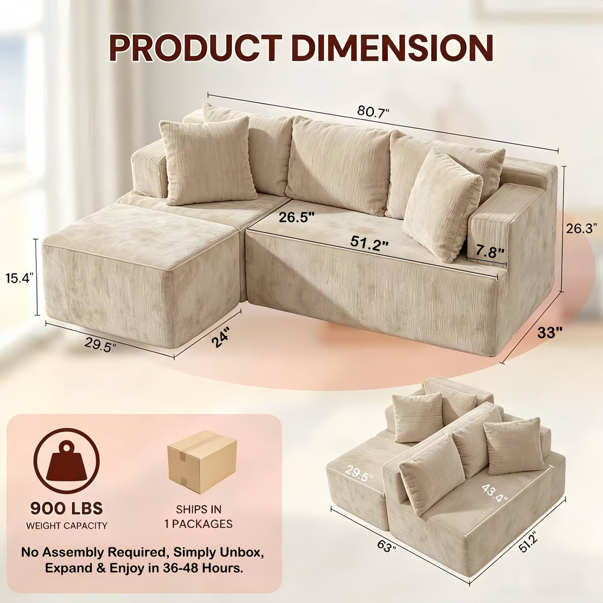 Tightly woven khaki upholstery on a pet friendly modular couch
