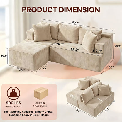 Tightly woven khaki upholstery on a pet friendly modular couch