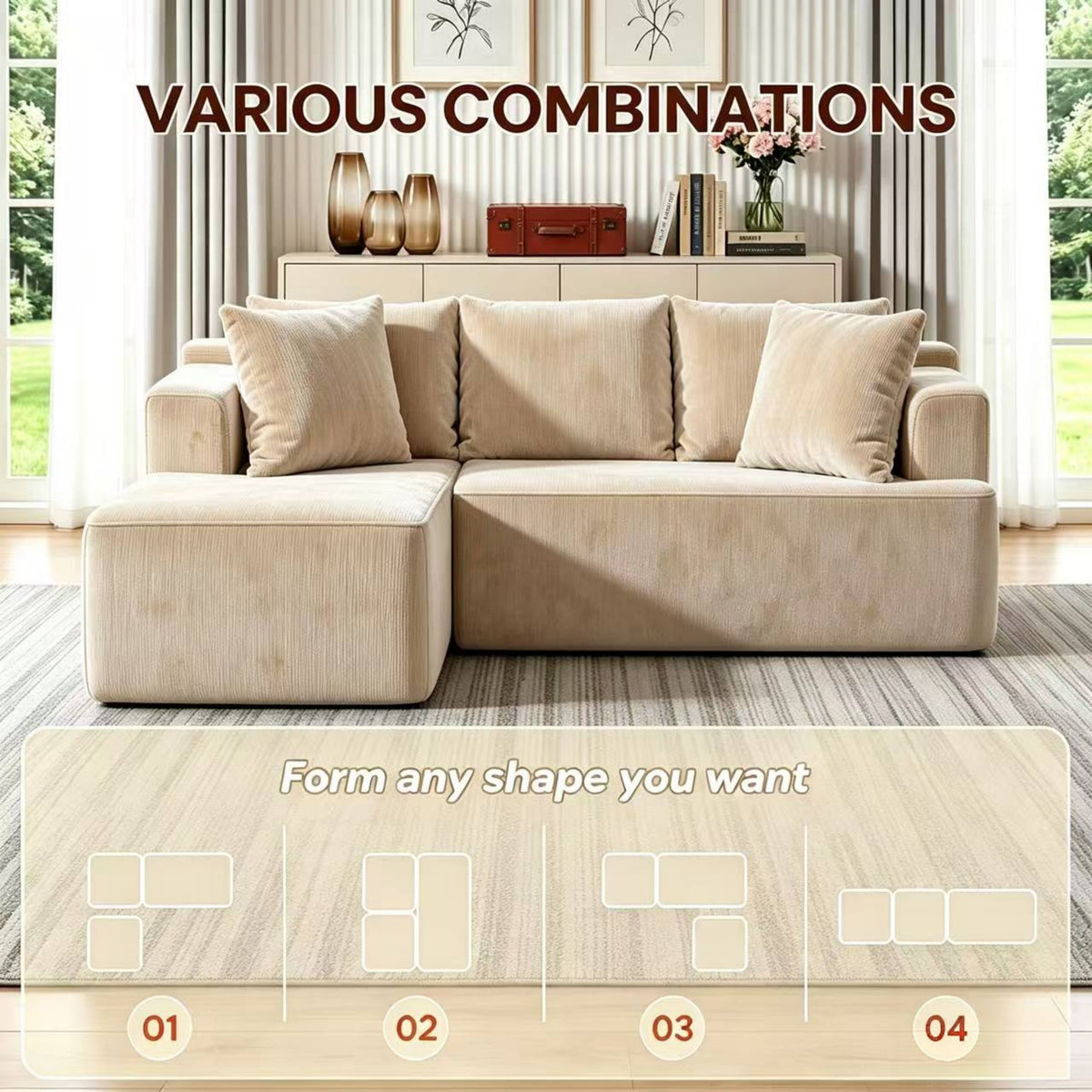 Khaki modular corner sofa with a compact footprint for small apartments