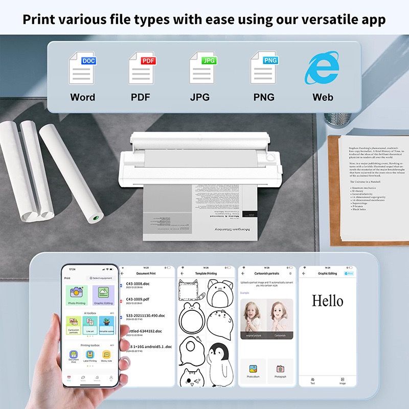 Portable A4 Thermal Printer with Bluetooth Wireless Connectivity, Inkless Printing for Home, Office, and Tattoo Transfer Use on Paper and Various Media (Black)
