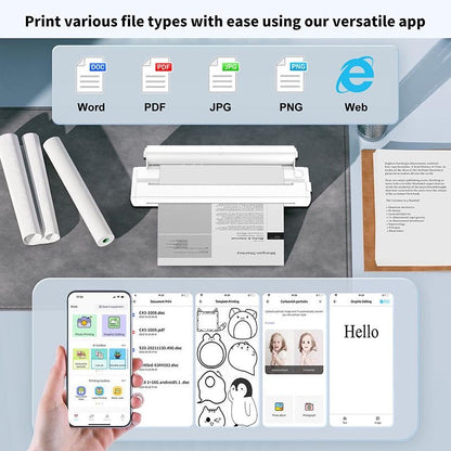 Portable A4 Thermal Printer with Bluetooth Wireless Connectivity, Inkless Printing for Home, Office, and Tattoo Transfer Use on Paper and Various Media (White)