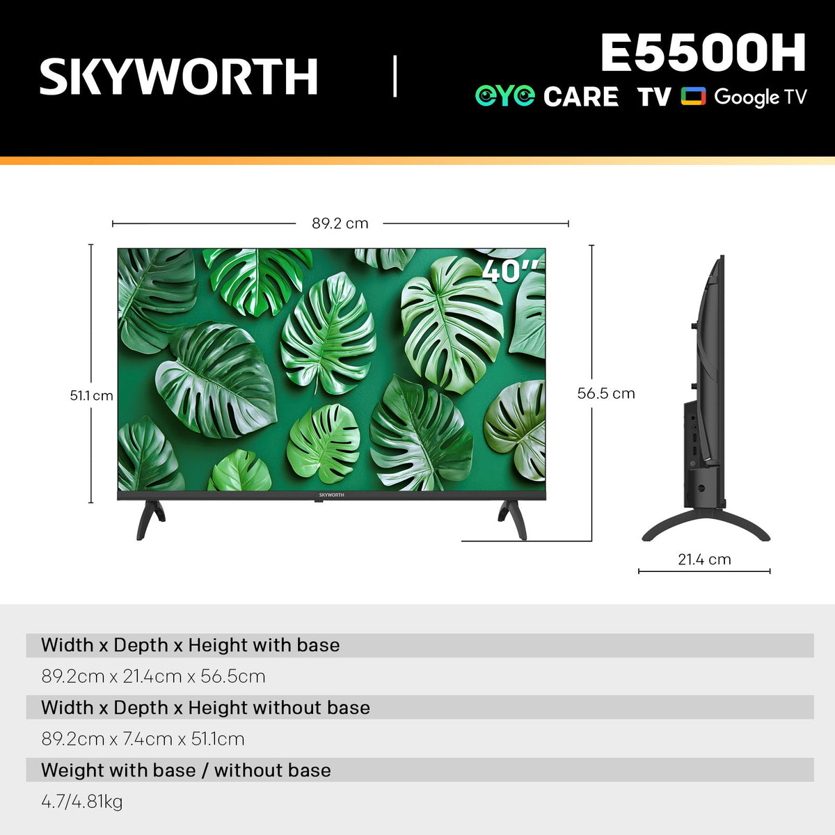 SKYWORTH 40" E5500H EyeCare Smart Google TV, 1080P FHD