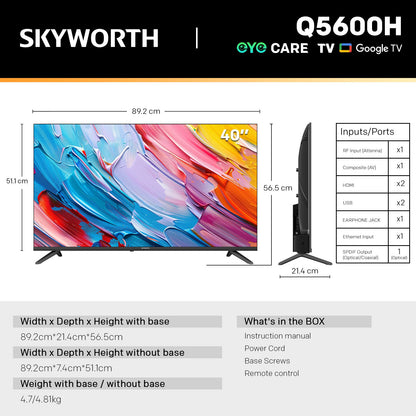SKYWORTH Q5600H 40''-QLED+ Smart Google TV, FHD, HDR10 HLG
