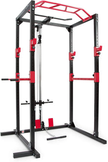 Power cage rack with lat pulldown and low row cable system
