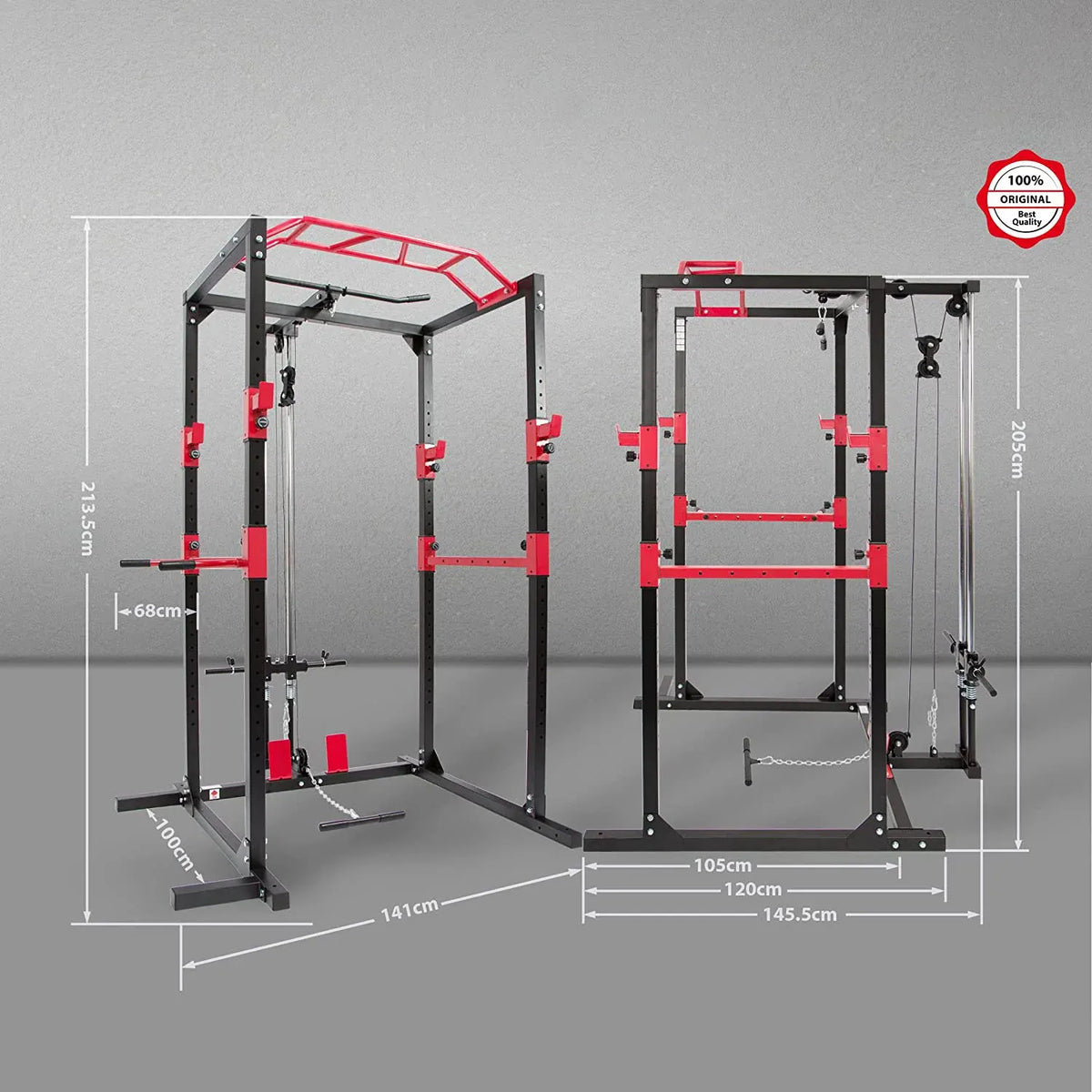 Lat pulldown and low row cable system on the power cage rack