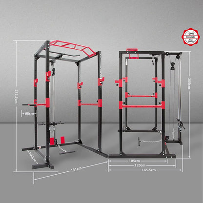Lat pulldown and low row cable system on the power cage rack