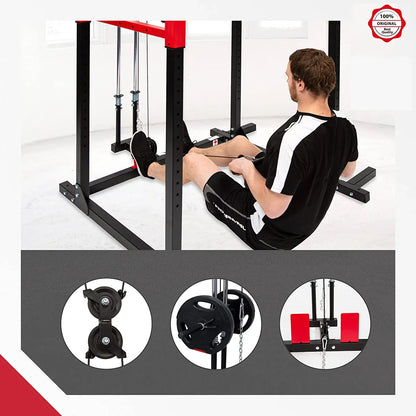 Adjustable safety spotters and J-hooks on the power cage rack