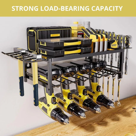 Wall-mounted black and yellow metal tool organizer holding drills, toolboxes, hammers, screwdrivers, and measuring tape