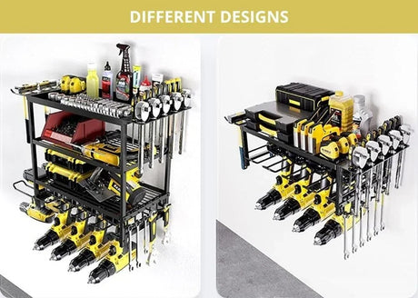 Two black metal storage racks with yellow and black power tools, wrenches, spray bottles, and toolboxes organized on shelves