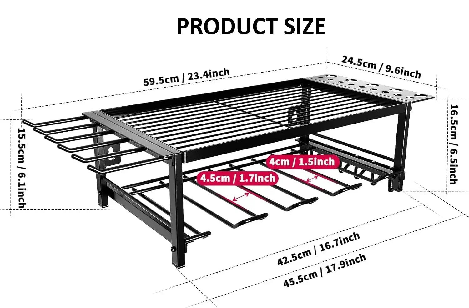 Black metal kitchen rack with stove shelf, spice rack, and hanging hooks with detailed dimensions