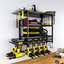 Wall-mounted black metal tool rack organizing yellow cordless drills, hand tools, and toolboxes in workshop