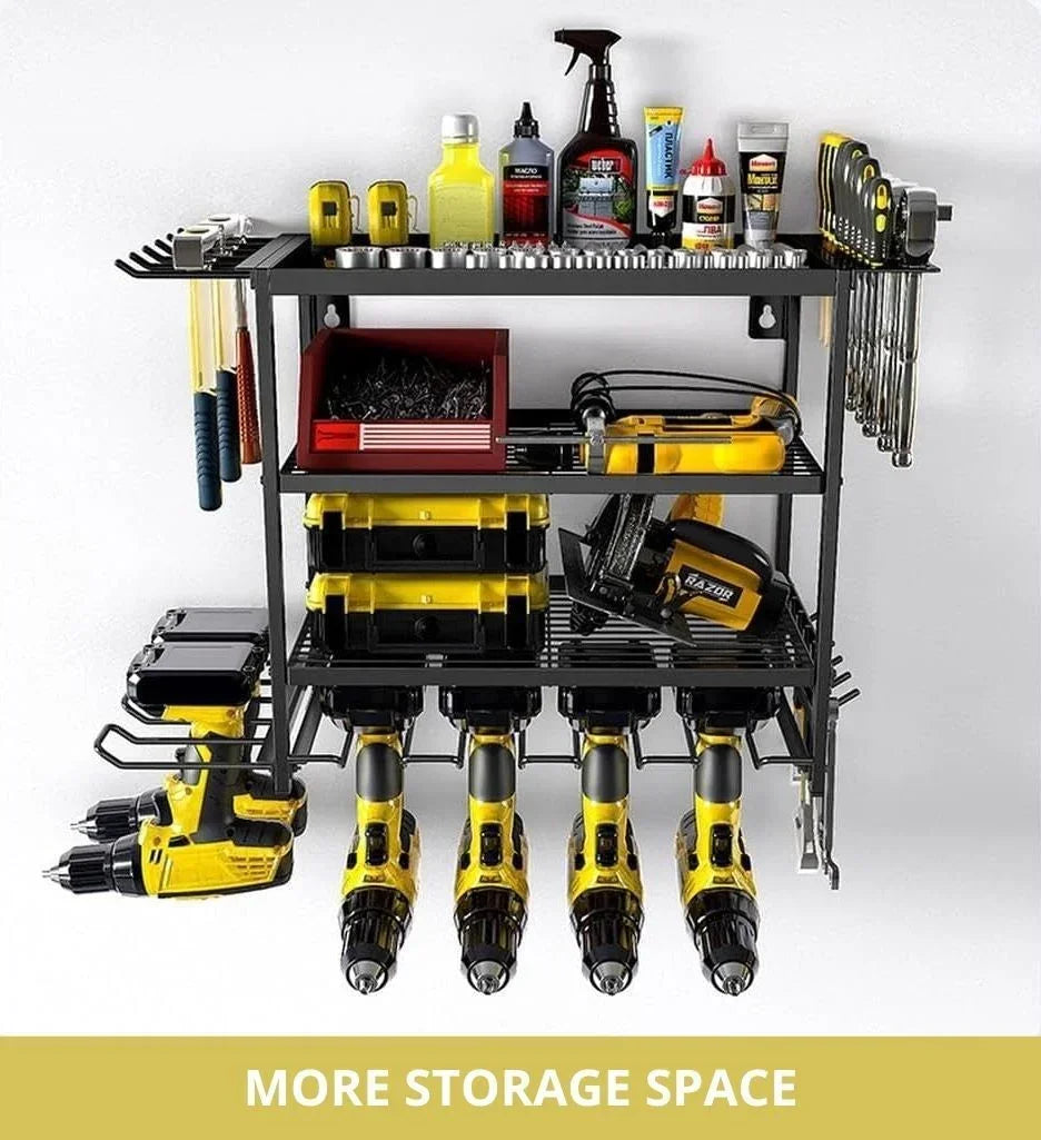 Wall-mounted black metal tool rack with yellow cordless drills, hand tools, sockets, oil bottles, and toolboxes organized for storage