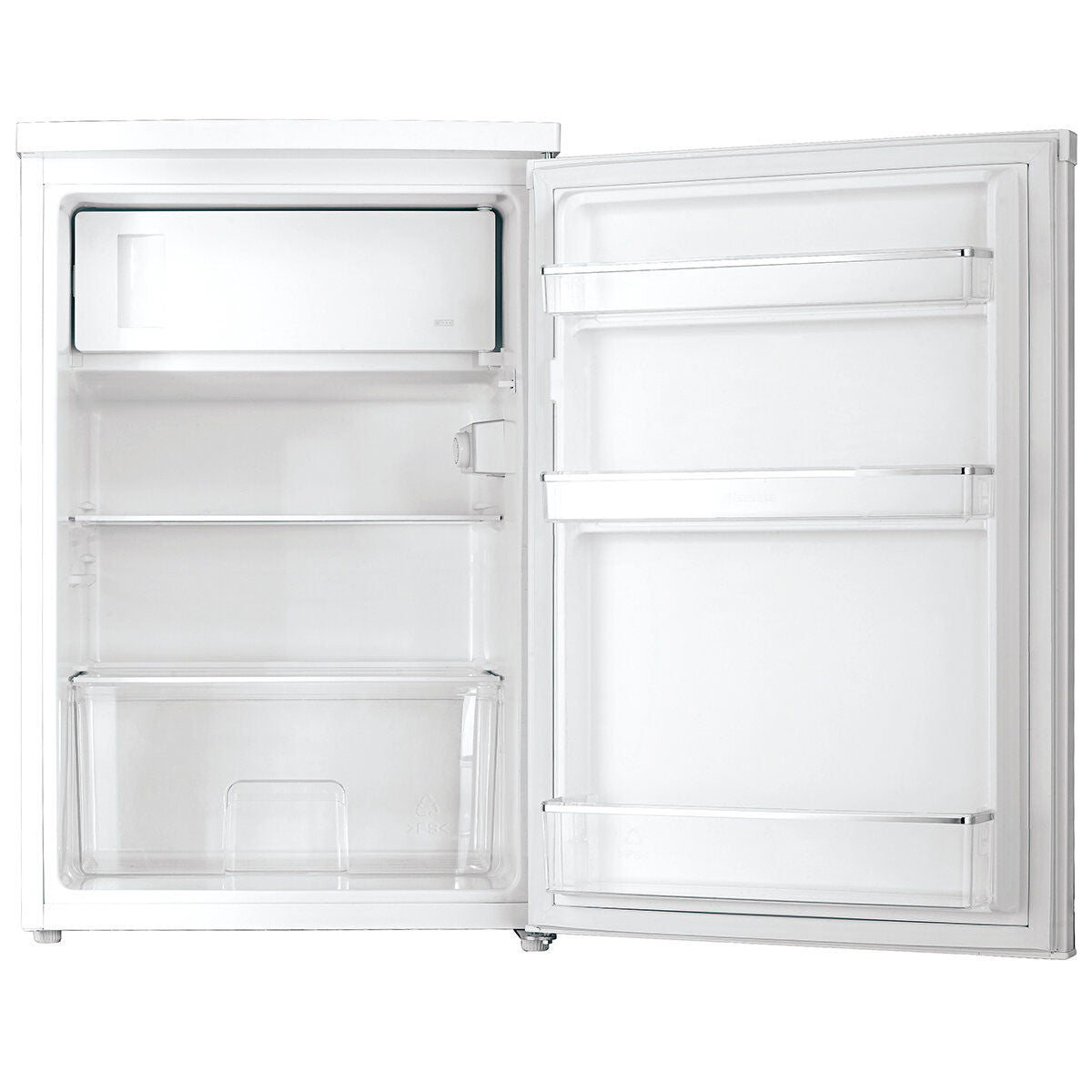 Compact white mini fridge with open door, interior shelves and door bins visible, ideal for small spaces