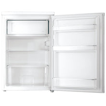 Compact white mini fridge with open door, interior shelves and door bins visible, ideal for small spaces