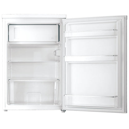 Compact white mini fridge with open door, interior shelves and door bins visible, ideal for small spaces