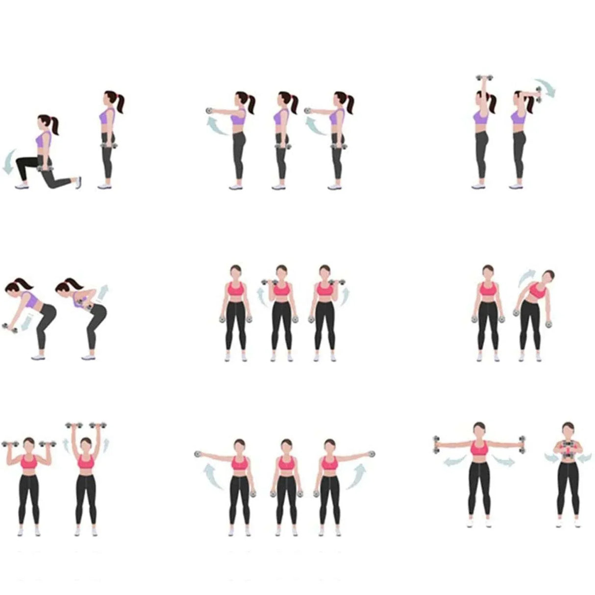 Woman demonstrating dumbbell exercises step by step for home workout routine