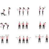 Woman demonstrating dumbbell exercises step by step for home workout routine