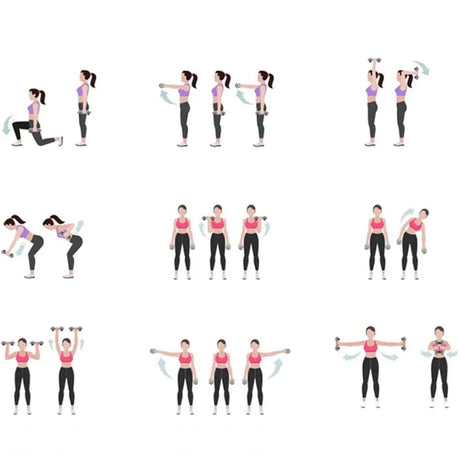 Woman demonstrating dumbbell exercises step by step for home workout routine